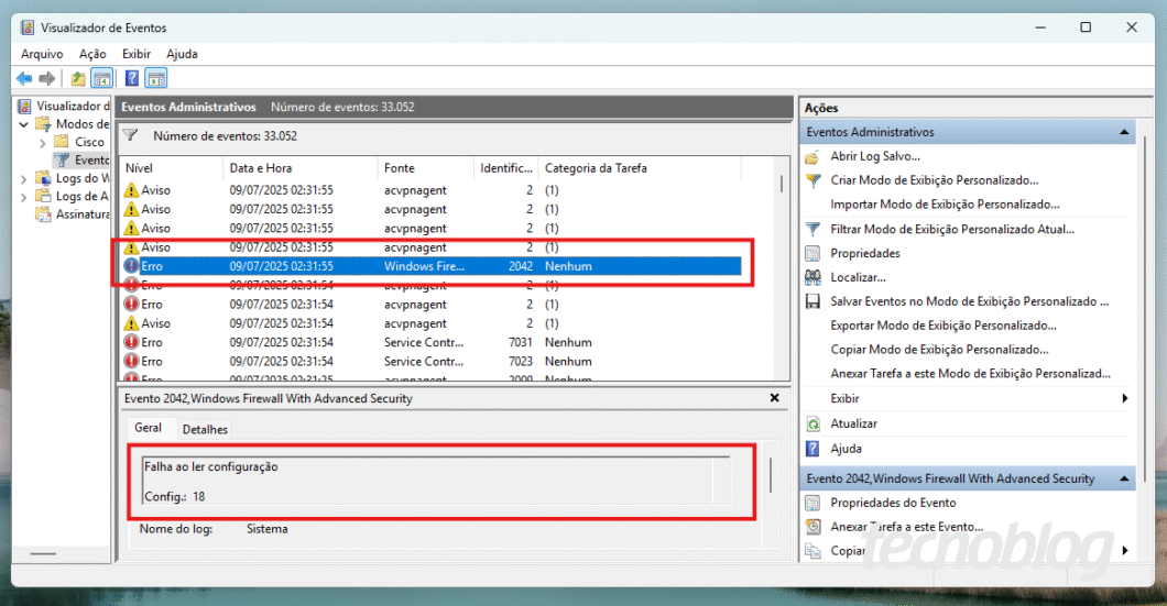 Captura de tela do Visualizador de Eventos do Windows 11 destacando erro no Firewall do sistema