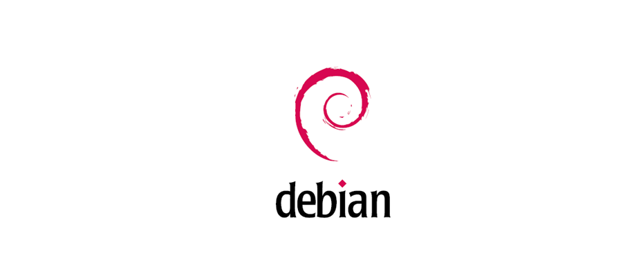 Imagem com o logo espiral vermelho do Debian acompanhado do nome "debian" em fonte preta.