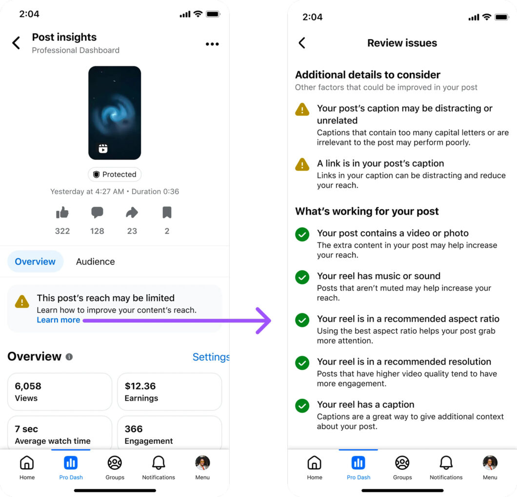 Capturas de tela mostram a nova seção de Insights de reels no Facebook