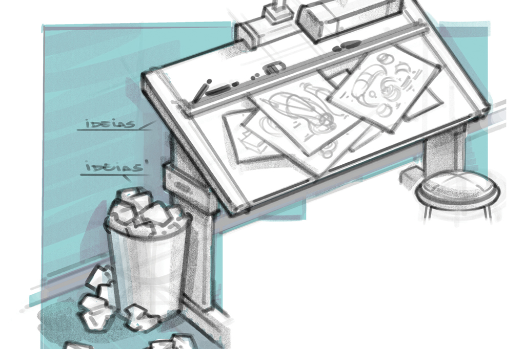 Ilustração, em fundo branco, de um esboço de uma prancheta.