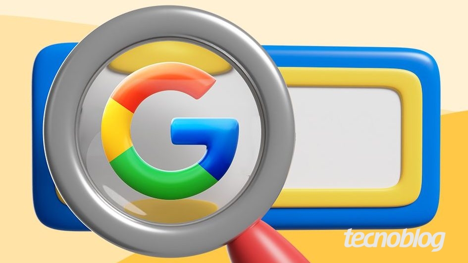 Illustração mostra uma lupa sobre o logotipo do Google, uma letra G em cores vermelho, amarelo, verde e azul, sinalizando a busca no navegador. Na parte inferior direita, está a marca d'água do "Tecnoblog".