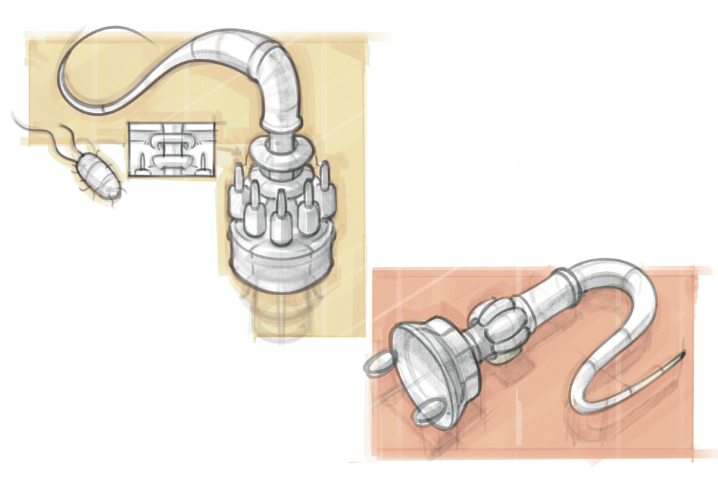 Ilustração, em fundo branco, de esboços de cabos e conexões.