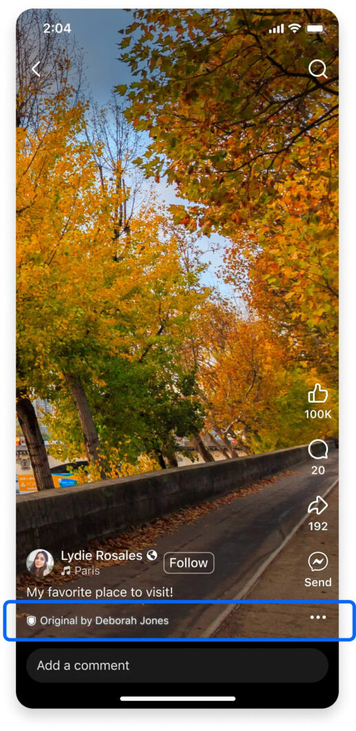 Captura de tela de um reels no Facebook com um destaque na parte inferior para o novo selo de criador original do conteúdo