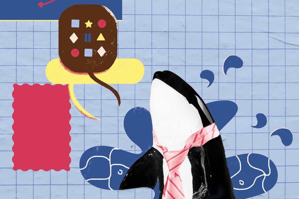 Colagem, em fundo azul e malha quadriculada, com uma orca usando gravata.