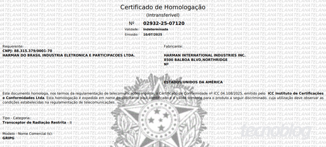 Imagem mostra um documento de certificação da Anatel comprovando a homologação do produto Grip da JBL.