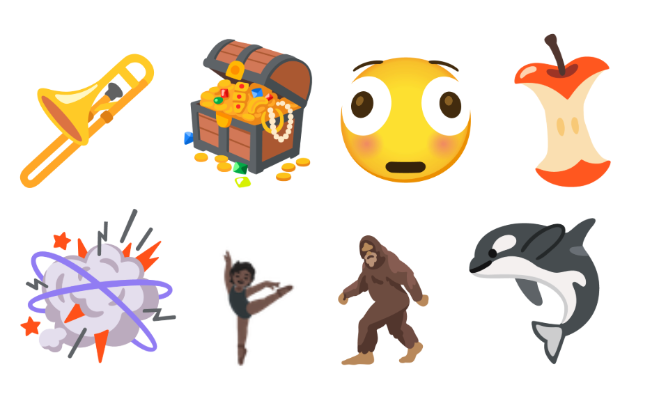 Imagem mostra oito novos emojis para iOS 26: trombone, baú de tesouro, rosto surpreso, núcleo de maçã, explosão, bailarina, Pé Grande e orca.