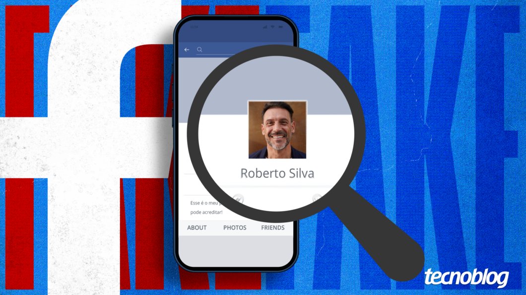 Imagem mostra uma lupa escura com aro prateado e destaca a tela de um smartphone exibindo um perfil fictício no Facebook, com a foto e o nome "Roberto Silva". O fundo é uma imagem com letras gigantes "FAKE" em branco e vermelho sobre azul, e no canto inferior direito, o logo "tecnoblog".
