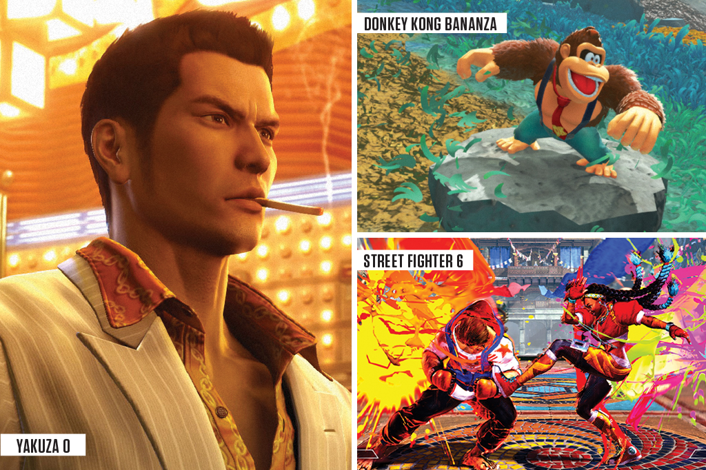 Imagem com três cenas dos jogos do Switch 2: Yakuza O, Donkey Kong Bananza e Street Fighter 6.