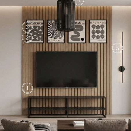 Modern Bauhaus TV wall with wood slat paneling and black accents