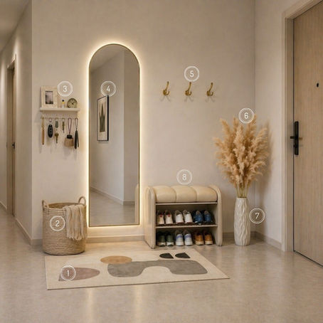 Soft entryway design with arched full-length mirror, abstract rug, wall hooks, pampas grass and neutral warm tones