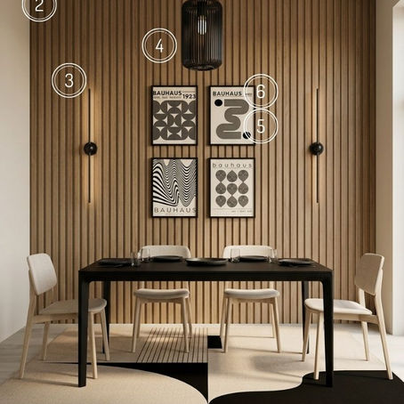 Modern Bauhaus dining area with black and white contrast, geometric wall art and minimalist styling set