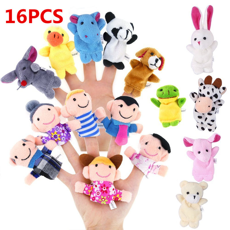 Thumbnail: 16pcs Cartoon Animal Plush Finger Puppets Set Cute Dolls for Children