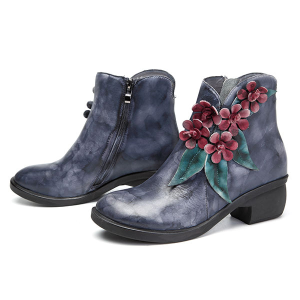 Thumbnail: Vintage Handmade Floral Ankle Leather Boots For Women (SOCOFY)