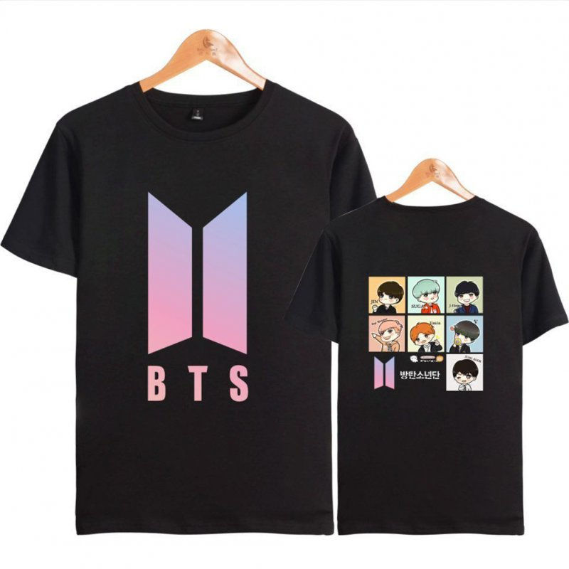 Thumbnail: BTS CARTOON PRINT MEN AND WOMEN T-SHIRTS BLACK - XL