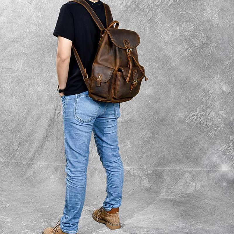 Thumbnail: Crazy Horse Leather Bucket Backpack ESS3985 (RockCow)