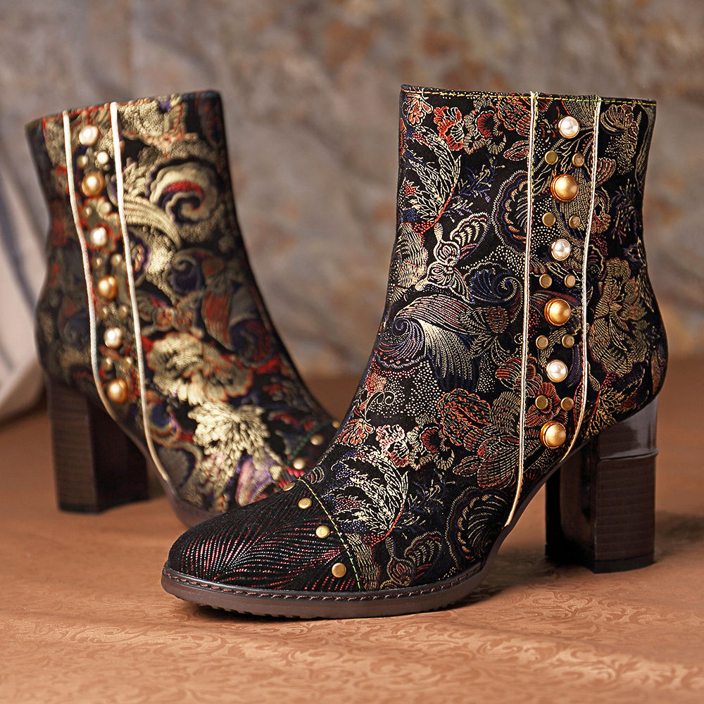 Stitching Splicing Chunky Heel Zipper Ankle Leather Boots (SOCOFY)