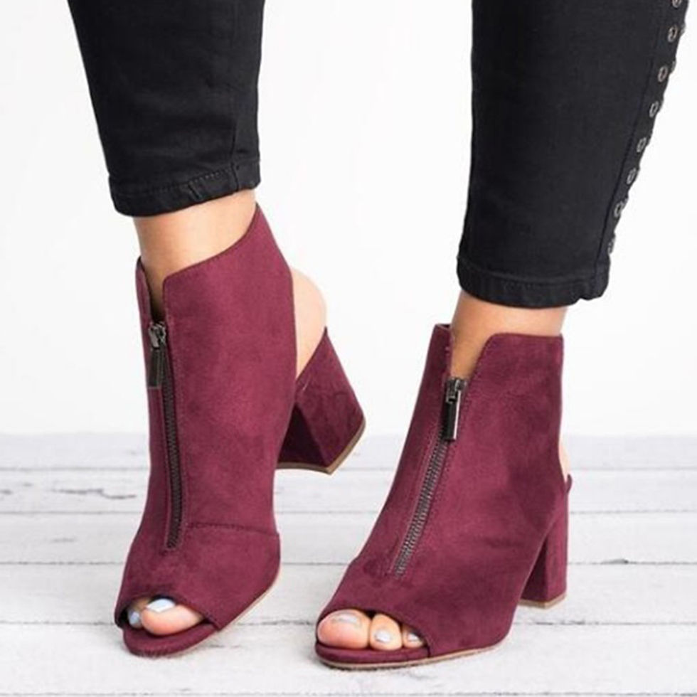 Thumbnail: Large Size Peep Toe Ankle Boots Front Zipper Chunky Heel Sandals Pump