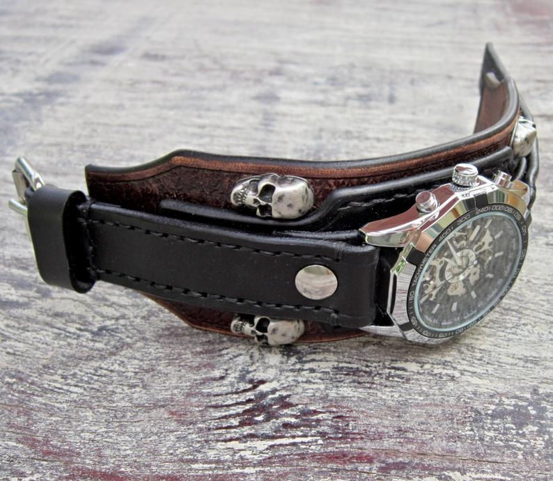 Thumbnail: Biker Leather Skull Watch, Black Bikers Watch (Lover's Bracelet)