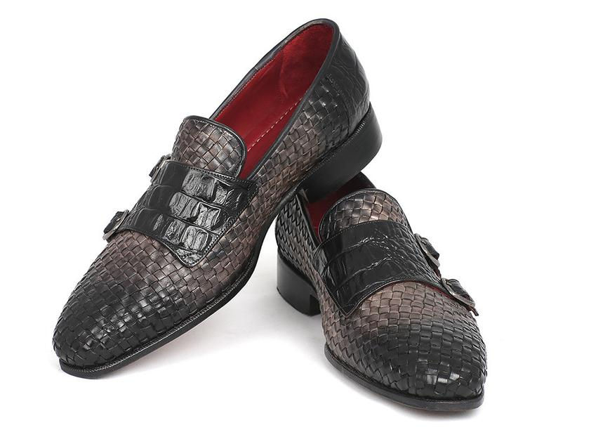 Thumbnail: Paul Parkman Gray Woven & Croc Embossed Monkstraps (PAUL PARKMAN)