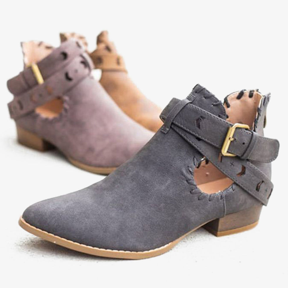 Thumbnail: Large Size Women Cross Strap Almond Toe Hollow Out Casual Zipper Ankle Boots