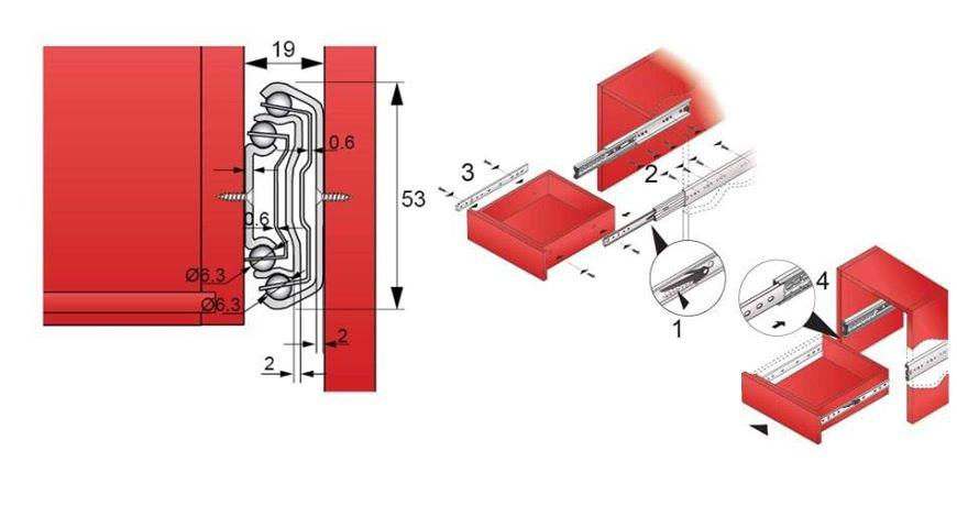 Thumbnail: Drawer runners ball bearing 950mm - H53 (right and left side)