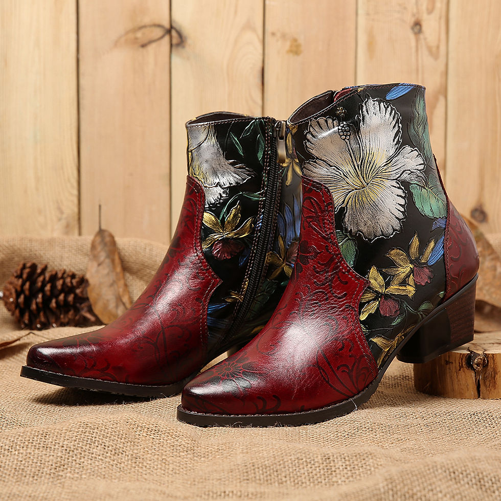 Thumbnail: Women Retro Embossed Flowers Stitching Genuine Leather Ankle Boots (SOCOFY)