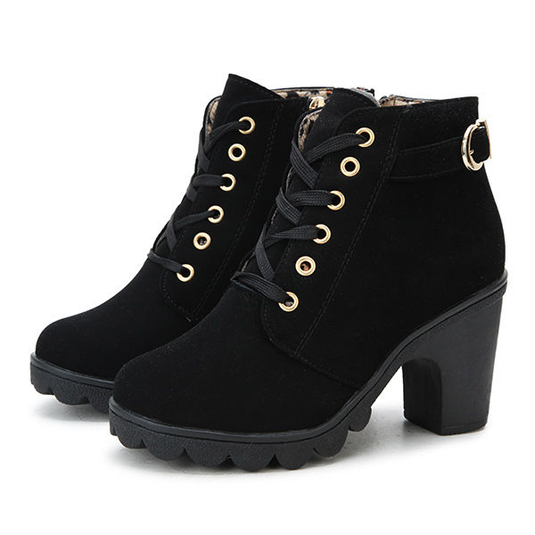 Thumbnail: Round Toe Thick High Heel Lace-up Side Zipper Women Boots