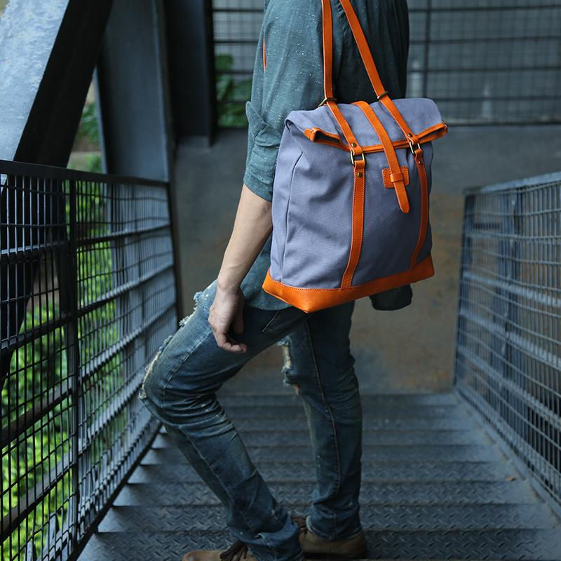 Thumbnail: Handmade Canvas With Vegetable Tanned Leather Stylish Backpack Z8005 (RockCow)