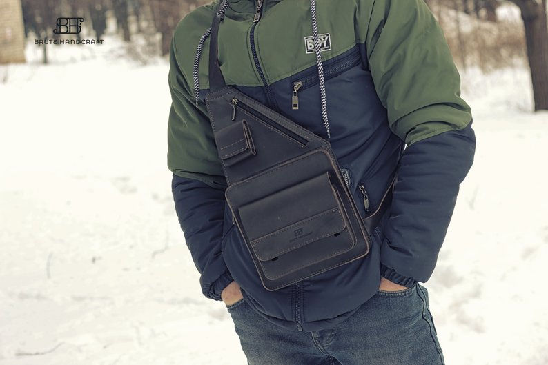 Thumbnail: Personalized leather mens monogram small backpack (Brute Handcraft)