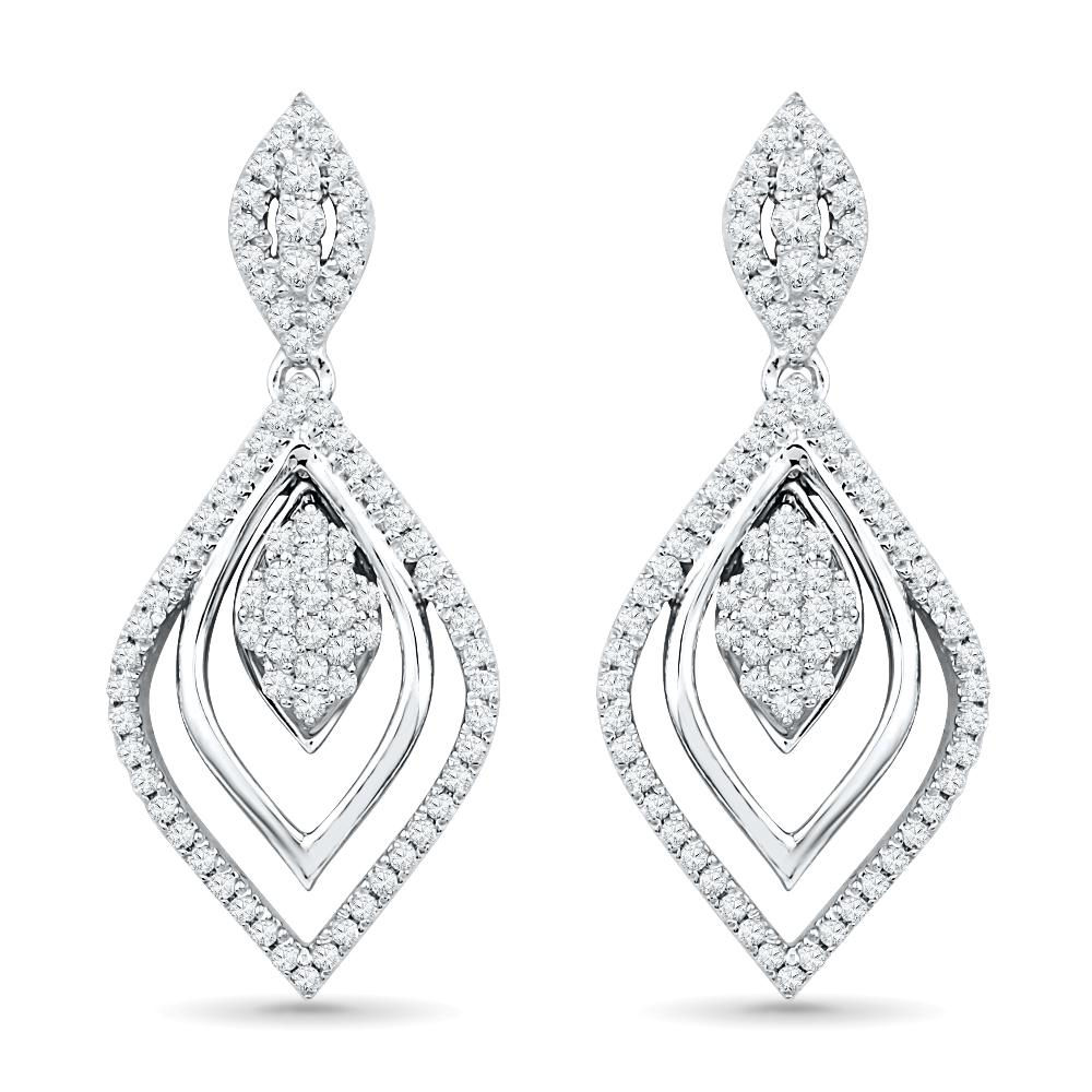 Diamond Cluster Drop Earrings In 14K White Gold (Jewelry By Johan)