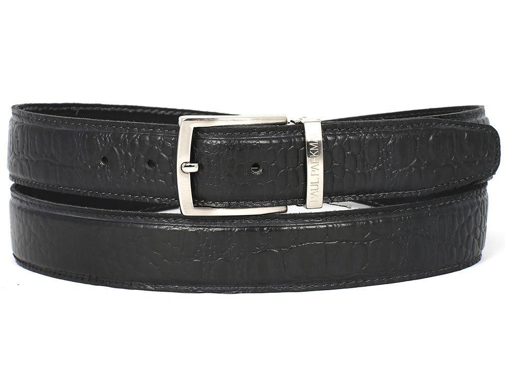 Men's Crocodile Embossed Calfskin Leather Belt Hand-Painted Black (PAUL PARKMAN)