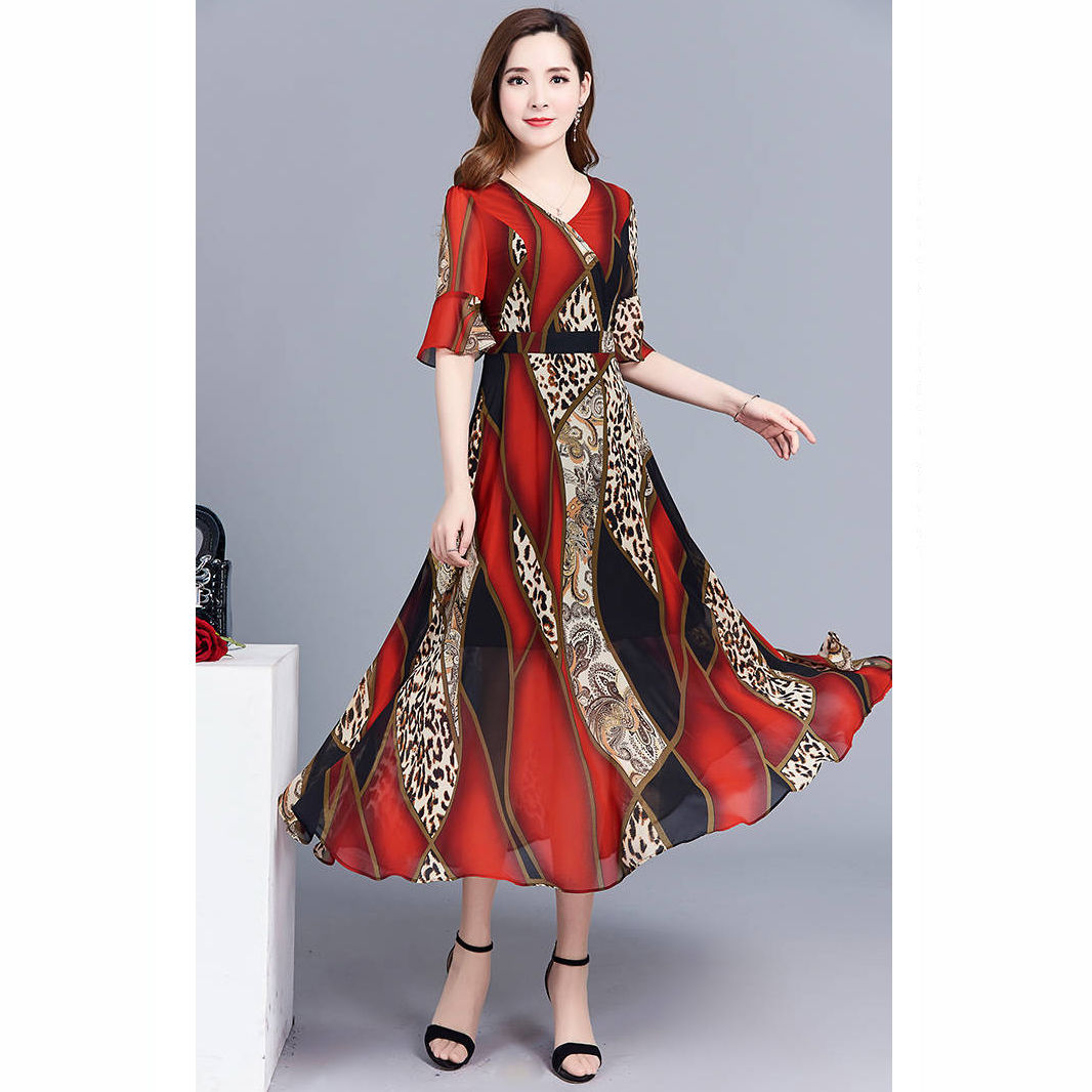 Women Elegant Print Knee-length Leopard Print Fashion Dress red_XL