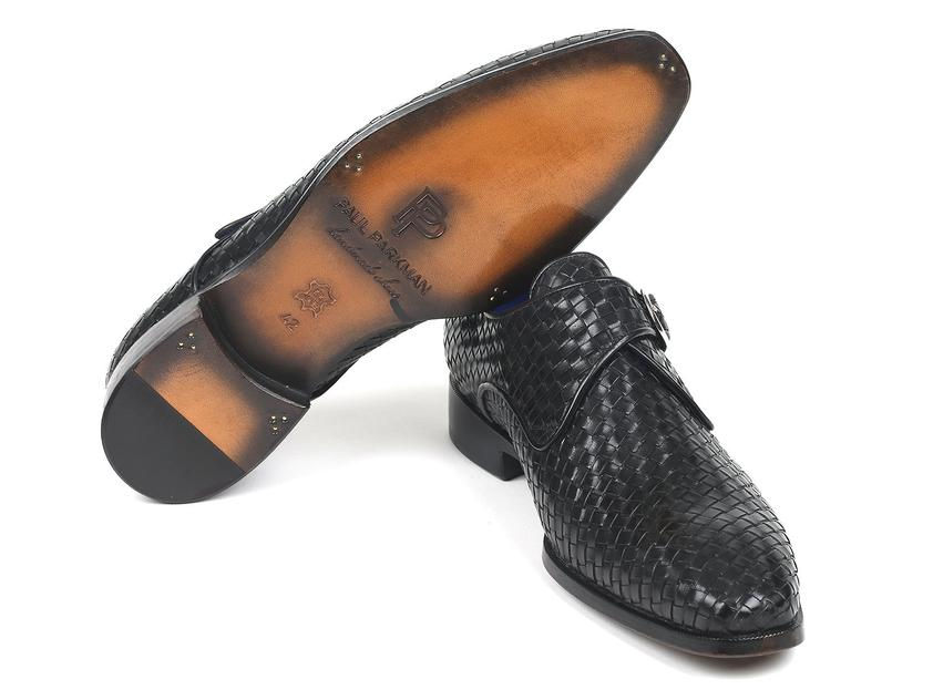 Thumbnail: Paul Parkman Black Woven Leather Single Monkstraps (PAUL PARKMAN)