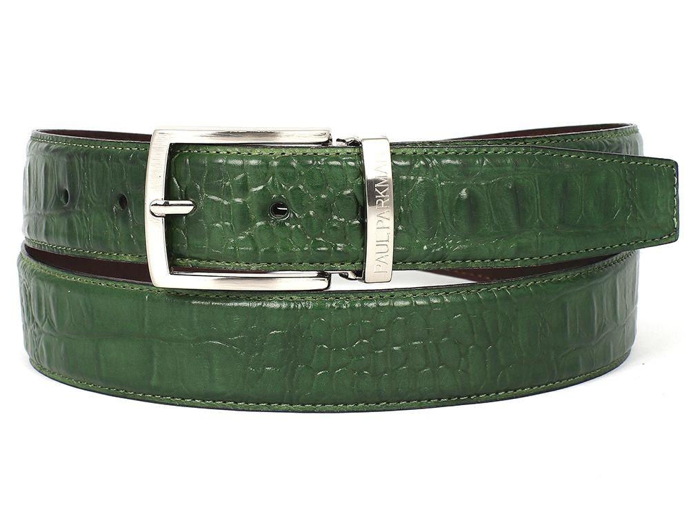 Men's Crocodile Embossed Calfskin Leather Belt Hand-Painted Green (PAUL PARKMAN)