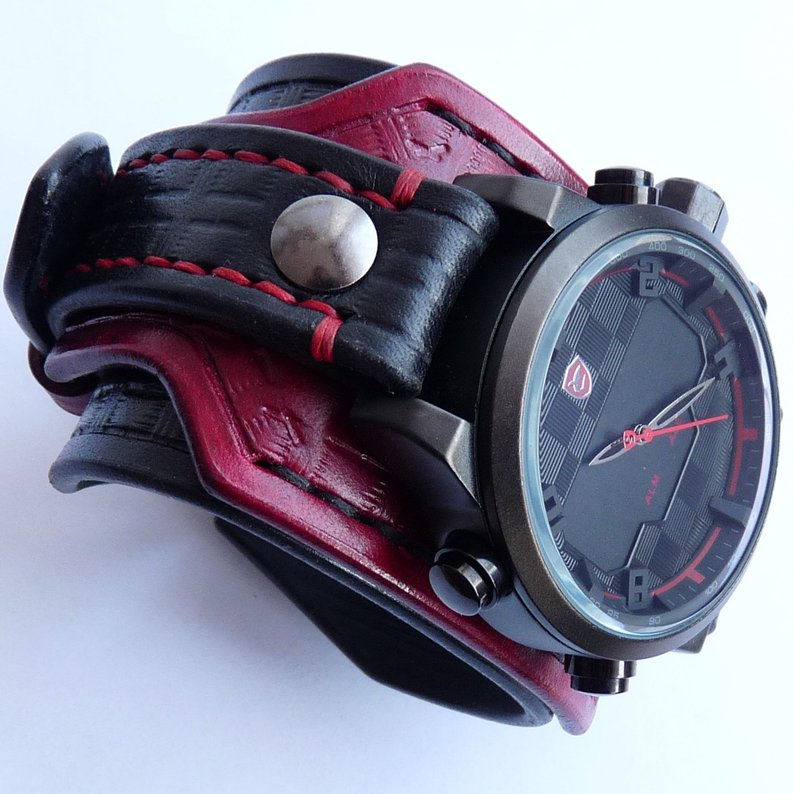 Thumbnail: Black & Red Leather Cuff Watch (Lover's Bracelet)