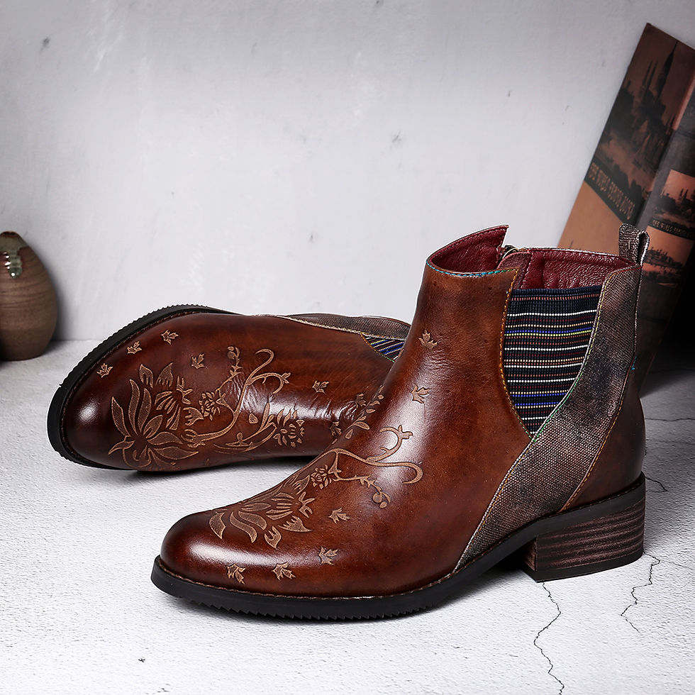 Thumbnail: Women Retro Flower Stitching Genuine Leather Elastic Band Ankle Boots (SOCOFY)