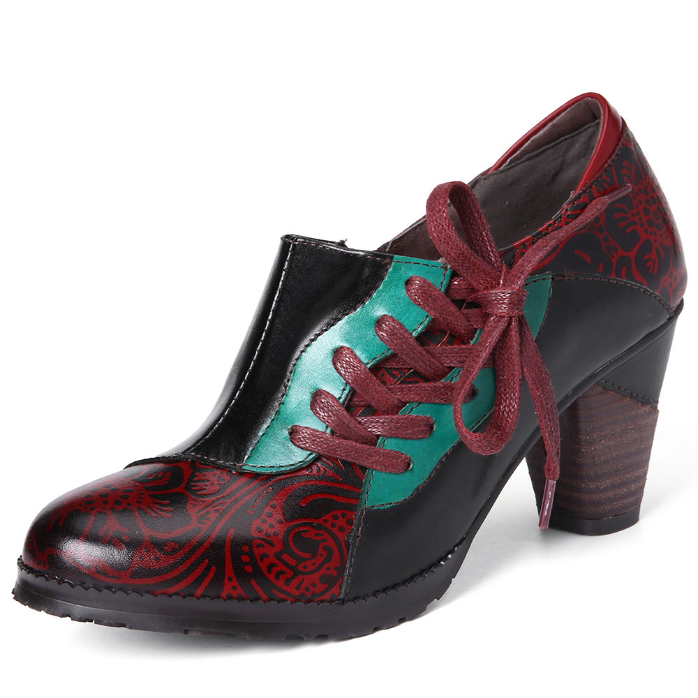 Women Genuine Leather Stitching Retro Embossed Flower Spring Pumps (SOCOFY)