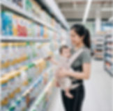 Young Vietnamese mother carrying her baby while evaluating baby formula at a supermarket shelf, showing rising consumer demand for high quality Mother & Baby products.