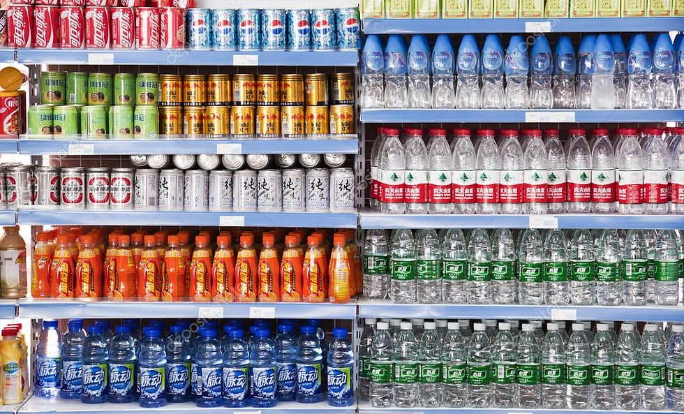 Display of various Chinese beverage and FMCG products on supermarket shelves in China, illustrating the wide product diversity and strong export capacity of China SMEs in Vietnam.