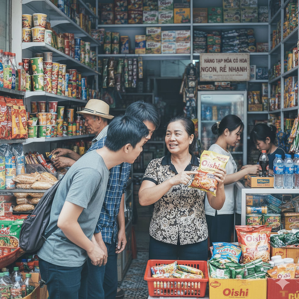 Shop owner in Vietnam advising a customer about a product inside a small store, representing General Trade (GT) Vietnam as an untapped digital-like channel for SMEs.