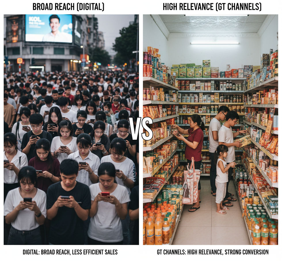 Split illustration of people scrolling smartphones on one side and customers shopping in a mom-and-pop store on the other, comparing digital broad reach to GT Vietnam’s high relevance and conversion.