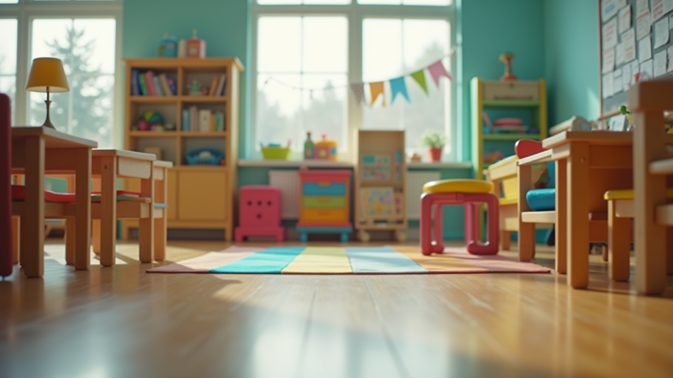 Eye-level view of a colorful preschool classroom with learning materials and toys