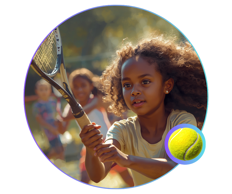 girl holding tennis racket playing tennis with friends at summer camp