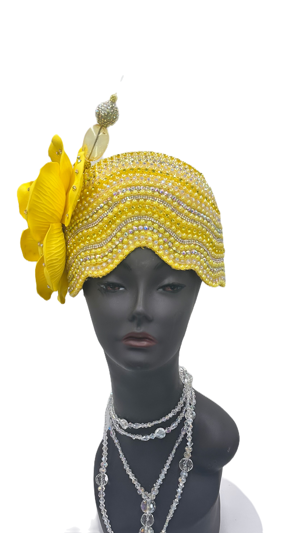 Handcrafted yellow skully hat with large flower and hatpin — The Donna by Zawan's Boutique