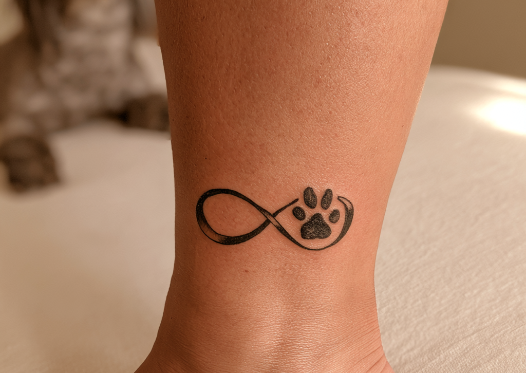 Close-up of an ankle with an infinity paw-print tattoo, a blurred cat in the background, on a warm indoor surface.