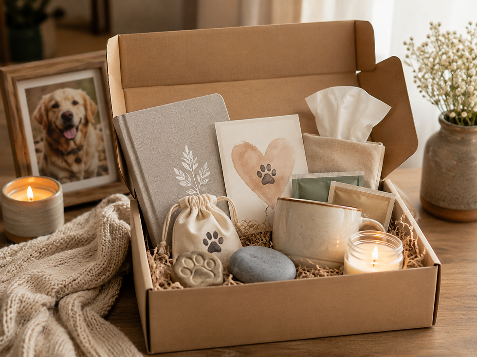 Pet memorial gift box with paw-print card, mug, candles, notebook and framed dog photo on a cozy wooden table