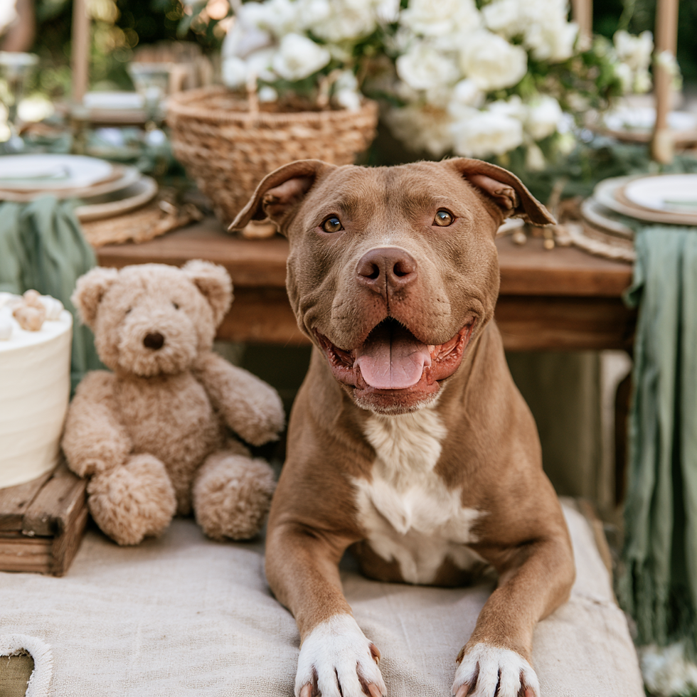 Smiling brown dog with teddy bear at a rustic table set with white flowers and green napkins, creating a cozy party scene.