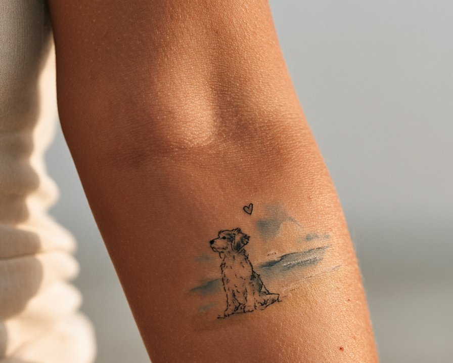 Close-up of a sunlit arm with a small dog tattoo and tiny heart, against a soft blurred background.