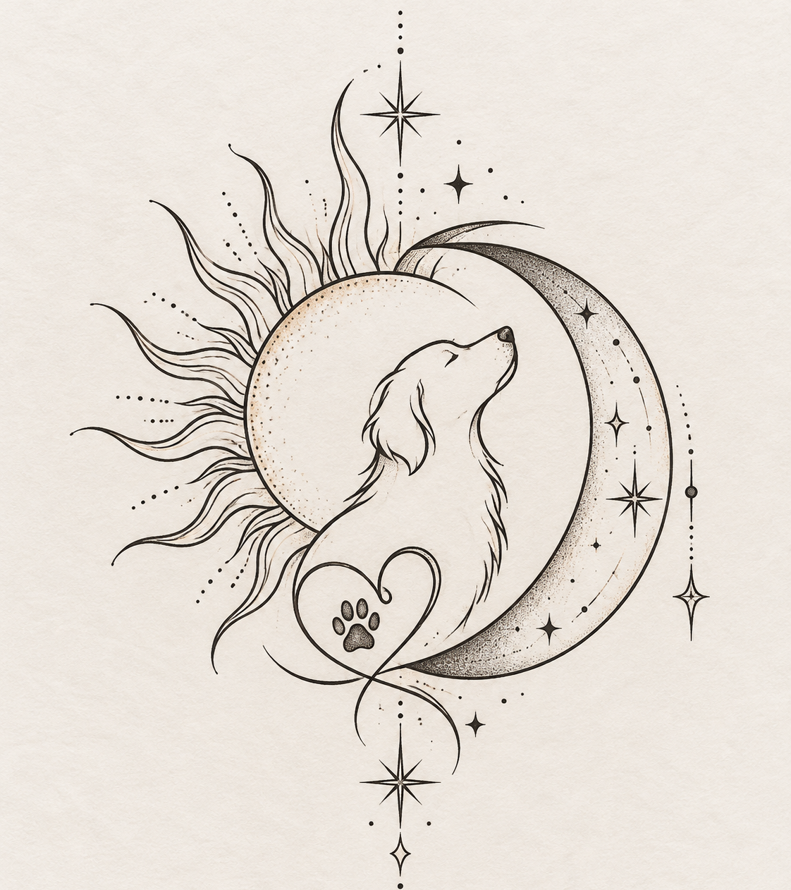 Line-art dog howling at a crescent moon with sun rays, stars, and a heart paw print on a textured beige background.