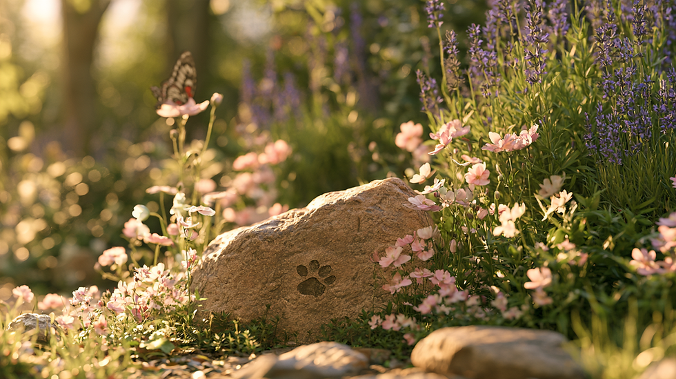 Butterfly over pink wildflowers beside a rock with a paw print in a sunlit meadow of purple blooms